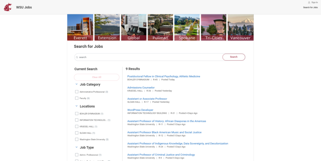 Screenshot of the WSU Jobs page in Workday.