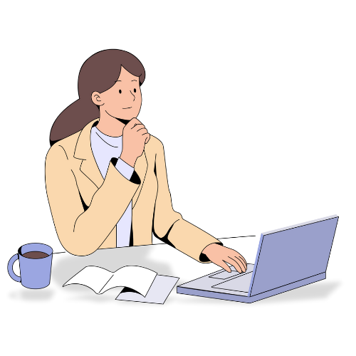 Illustration of a woman sitting at a desk with a cup of coffee and looking at her screen, representing reviewing important information.