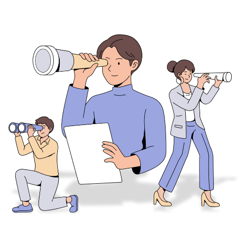 Illustration of three people looking through binoculars and telescopes.