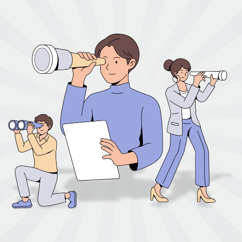 Illustration of three people looking through binoculars and telescopes.