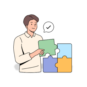 Illustration of a man connecting 4, different colored jigsaw pieces together to form a square, representing important information.
