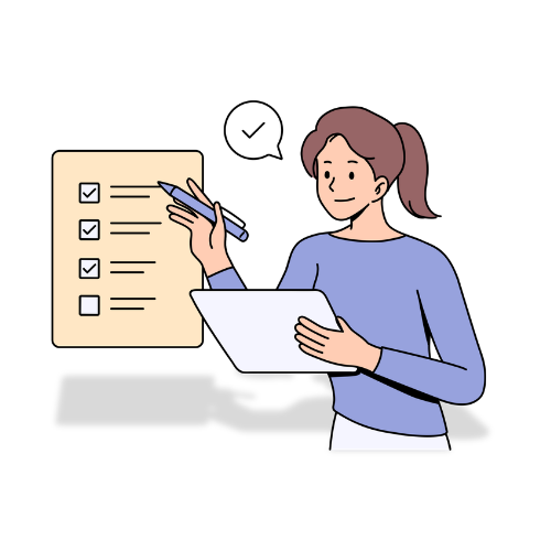Illustration of a woman holding a pen and paper, standing in front of a large checklist representing lists of pages or action items.