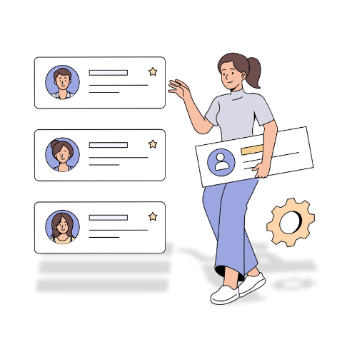 Illustration of a woman standing and shuffling card tiles with avatars and text, representing managing details.