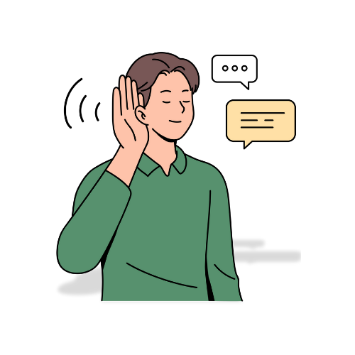 Illustration of a man with is hand held up to his ear listening to a conversation.