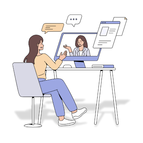 Illustration of two people, one at a desk, the other on a computer screen talking to each other.