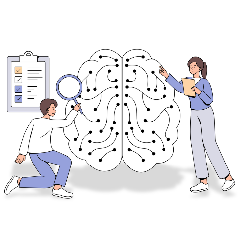 Illustration of a man kneeling and a woman standing next to a brain covered in wires.