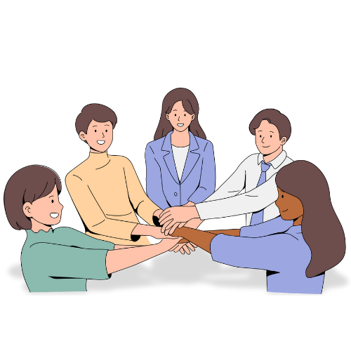 Illustration of a group of people in a semi-circle clasping hands, representing employees.