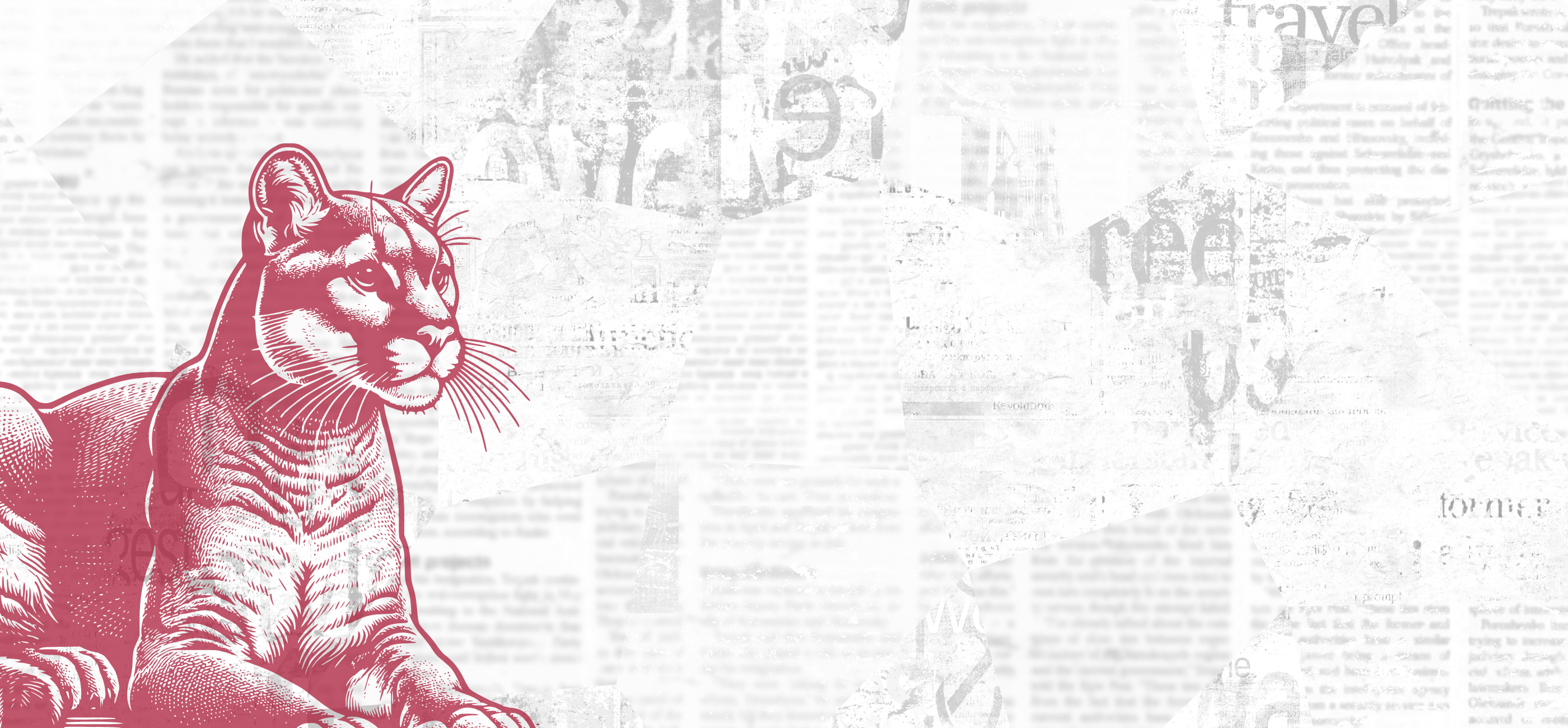HR Source poster with faded newspaper and a transparent crimson cougar.