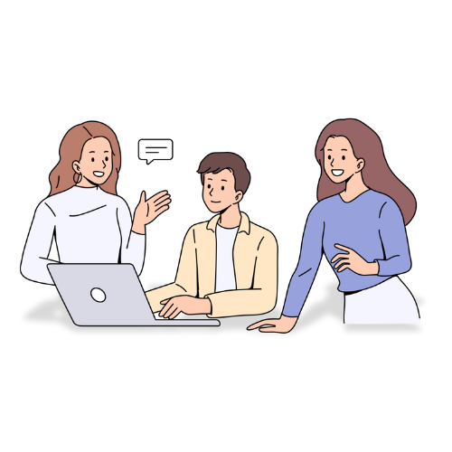 Illustration of two women and a man talking together around a laptop, representing employees working together.