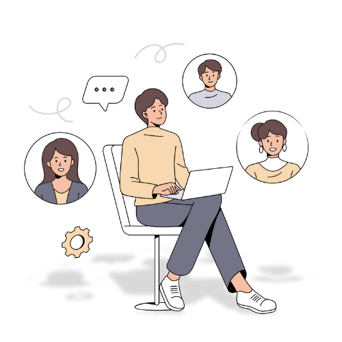 Illustration of a man sitting on a chair looking at a laptop with peopl ein bubbles around him, representing a manager with his team.