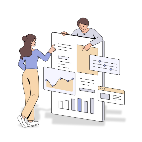 Illustration of a man and a woman standing either side of a large banner with graphs and text representing Personnel Admins working together.