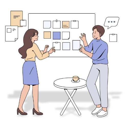 Illustration of a man and a woman standing in front of a large whiteboard covered in post-it notes.