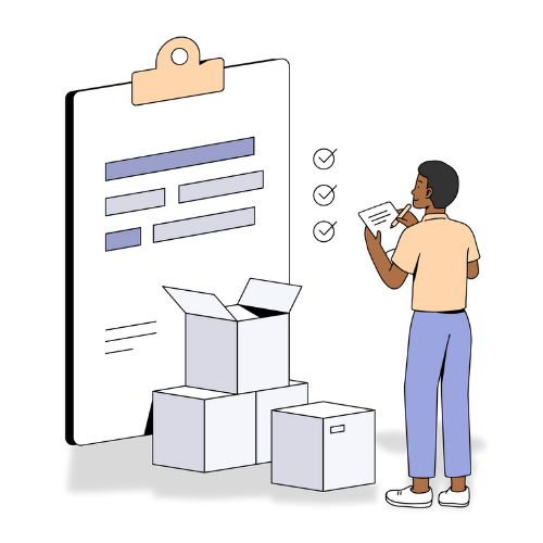 Illustration of a woman standing in front of a large clip board and surrounded by boxes.