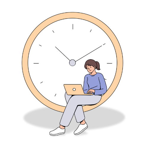 Illustration of a woman sitting on a large clock while working on a laptop.