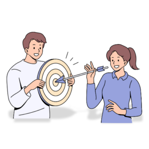 Illustration of a man holding a target with an arrow in the center with a woman looking on, representing being on target.