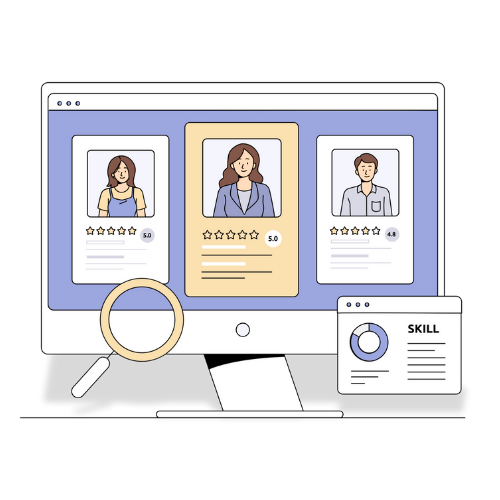 Illustration of a computer monitor with user cards on the screen, representing training and professional development.