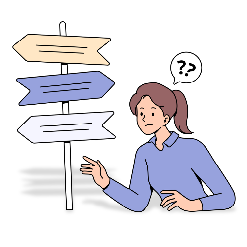 Illustration of a woman standing in front of a signpost with 3 signs and a question mark.