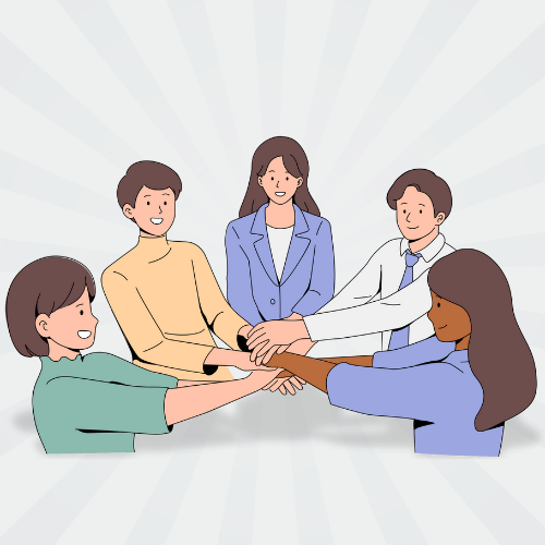 Illustration of a group of people in a semi-circle clasping hands.