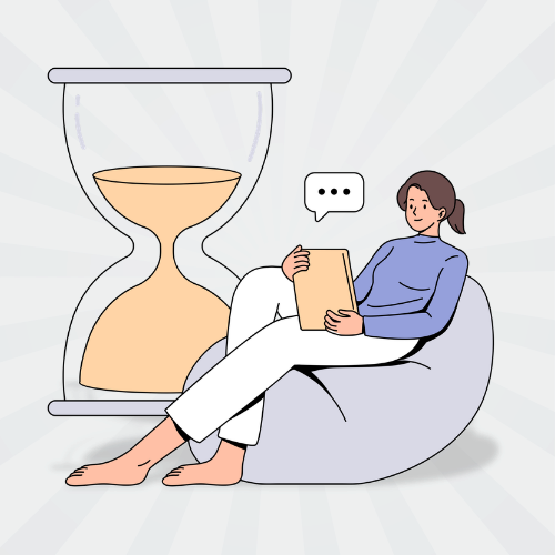 Illustration of a lady sitting on a bean bag and reading a tablet infront of a large hourglass.