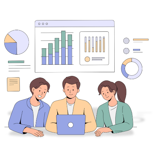 Illustration of two women and a man talking together around a laptop surrounded by bar graphs and pie charts.
