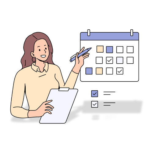 Illustration of a woman with a pen and pad of paper standing in front of a large calendar.