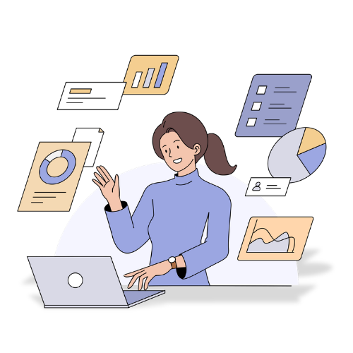 Illustration of a woman at a laptop surrounded by images of graphs and emails, representing resources that can be downloaded.