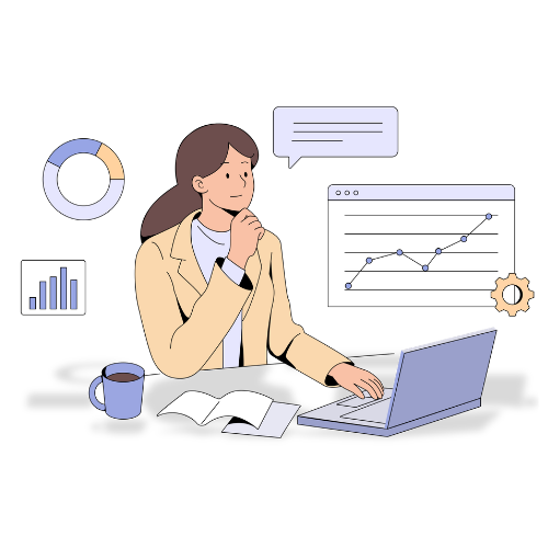 Illustration of a lady looking at a laptop surrounded by graphs, emails, and a cup of coffee representing an employee reviewing financial information.