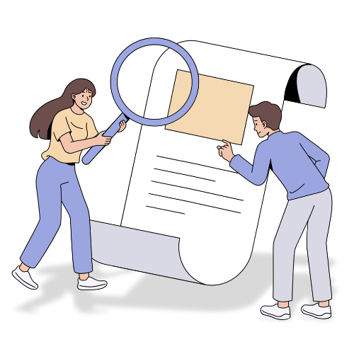 Illustration of a man and a woman holding a large magnifying glass and reading a large poster.