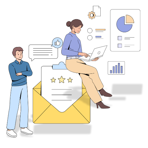 Illustration of a man and a woman standing with an open envelope, emails, and charts around them.
