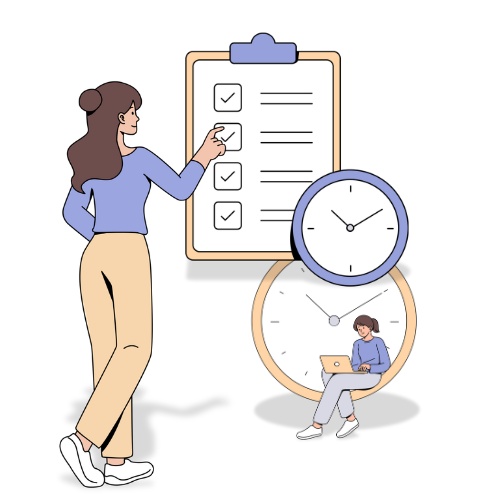 Illustration of a woman standing in front of a large checklist with 2 smaller clocks and a woman sitting down in the background working on a laptop.