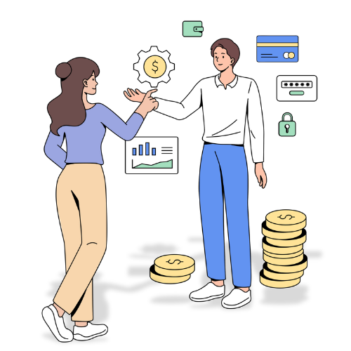 Illustration of a man and a woman standing talking to each other, surrounded by graphs and coins.