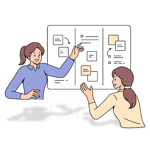 Illustration of 2 women standing in front of a large whiteboard with post-it notes in columns.