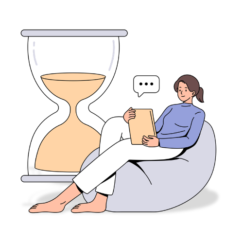 Illustration of a lady sitting on a bean bag and reading a tablet in front of a large hourglass.