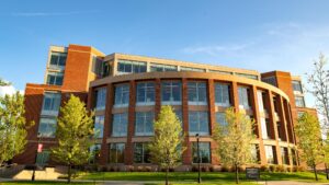 Aerial view of WSU Spokane's Kirk H. Schulz Academic Center.