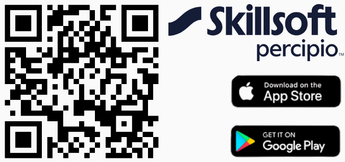 QR code next to Skillsoft Percipio logo and app download buttons for App Store and Google Play.