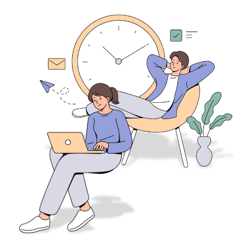 Illustration of a woman and a man sitting down with the woman looking at a laptop and the man relaxing in front of a clock, representing self care.