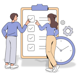 Illustration of a man and a woman pointing at a large to do list with a clock in the lower corner, representing a list of time sensitive actions.