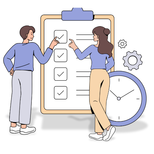 Illustration of a man and a woman pointing at a large to do list with a clock in the lower corner, representing a list of time sensitive actions.