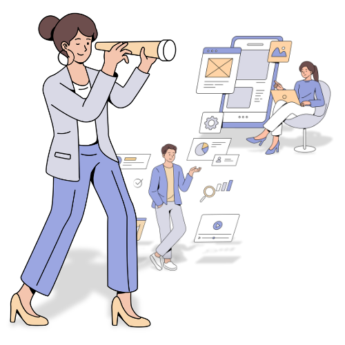 Illustration of a woman holding a spyglass in the foreground and a man and a woman in the background searching emails and webpages.