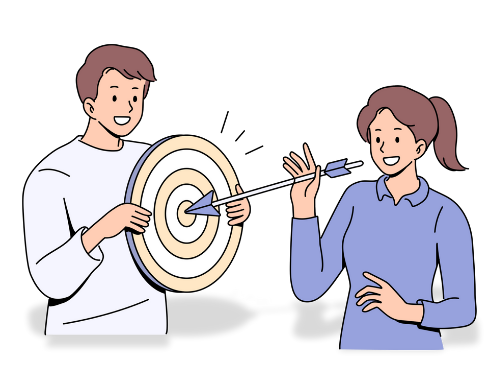 Illustration of a man holding a target with an arrow in the center with a woman looking on, representing being on target.