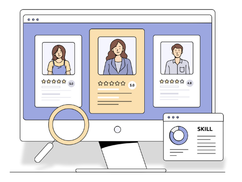 Illustration of a computer monitor with user cards on the screen, representing training and professional development.