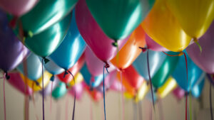 Lots of brightly colored balloons hanging in the air in a bunch, with their strings hanging down.