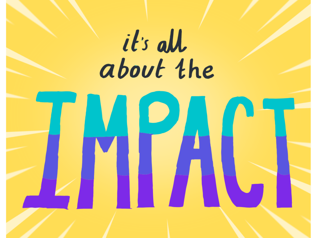 Yellow sunburst background with text overlay: It's all about the impact.
