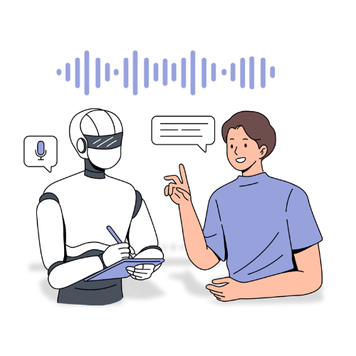 Illustration of a man talking to a robot surrounded by sound waves, a speech bubble and microphone.