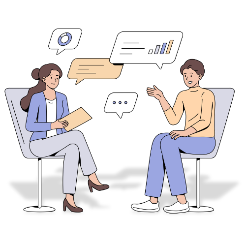 Illustration of a man and a woman sitting down talking to each other surrounded by graphs and messages.