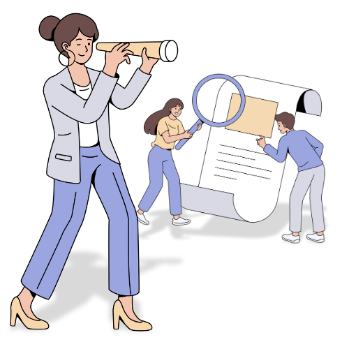 Illustration of a woman holding a spyglass in the foreground and a man and a woman in the background searching a document, representing search results.