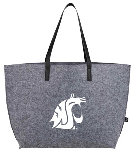 Charcoal colored felt carry bag with black straps and a white cougar head logo.