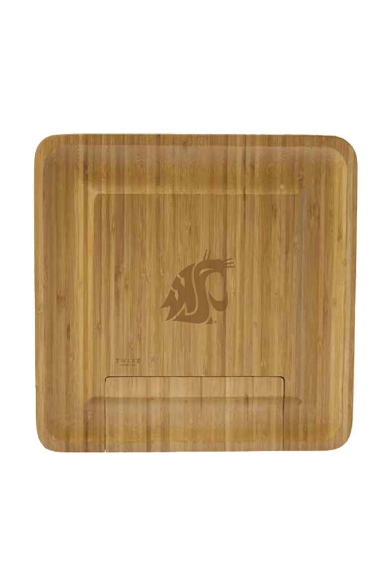 Bamboo square cheese board with a brown cougar head logo in the center.