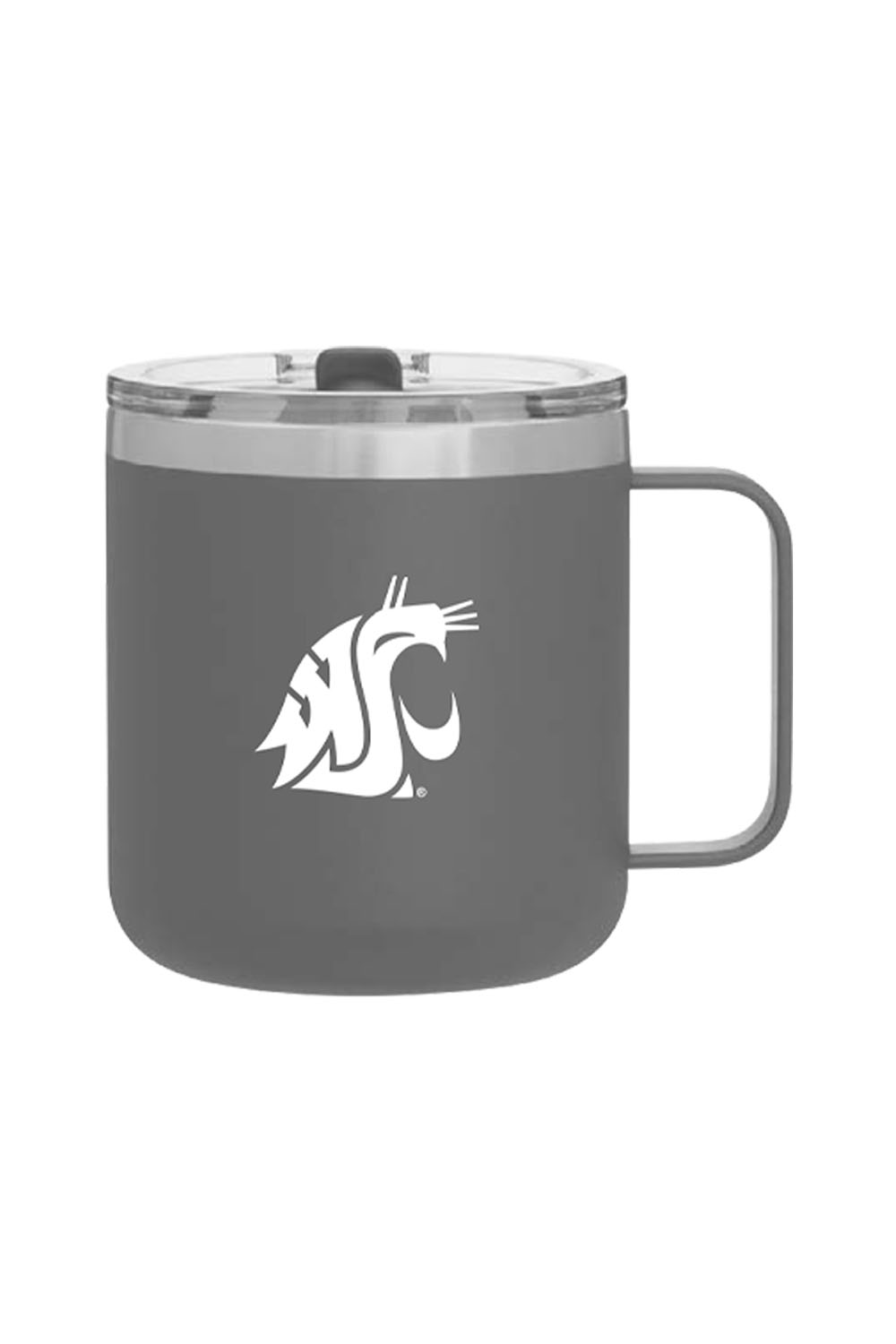 Grey travel mug with a clear lid and white cougar head logo.