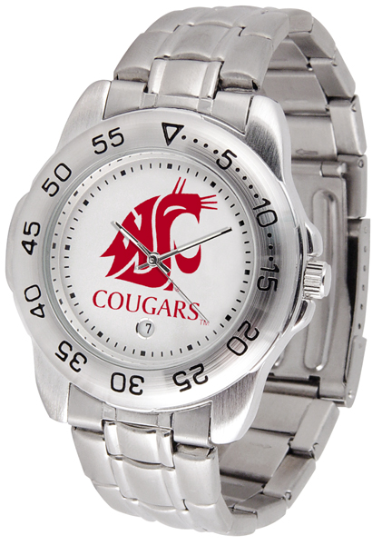 Large faced watch with a silver wrist strap and bevel and a white face with a crimson cougar head logo and the word Cougars.